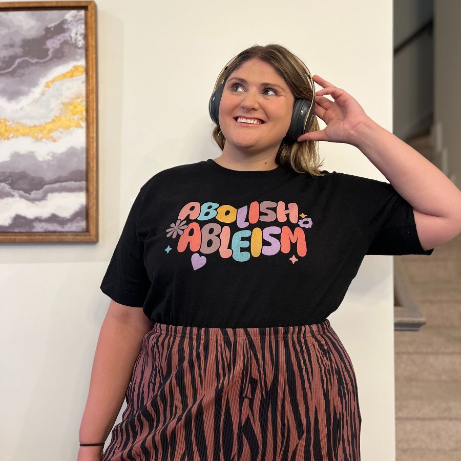 Abolish Ableism, a Dark Heather Grey Stanley/Stella Unisex Freestyler Heavyweight Tee