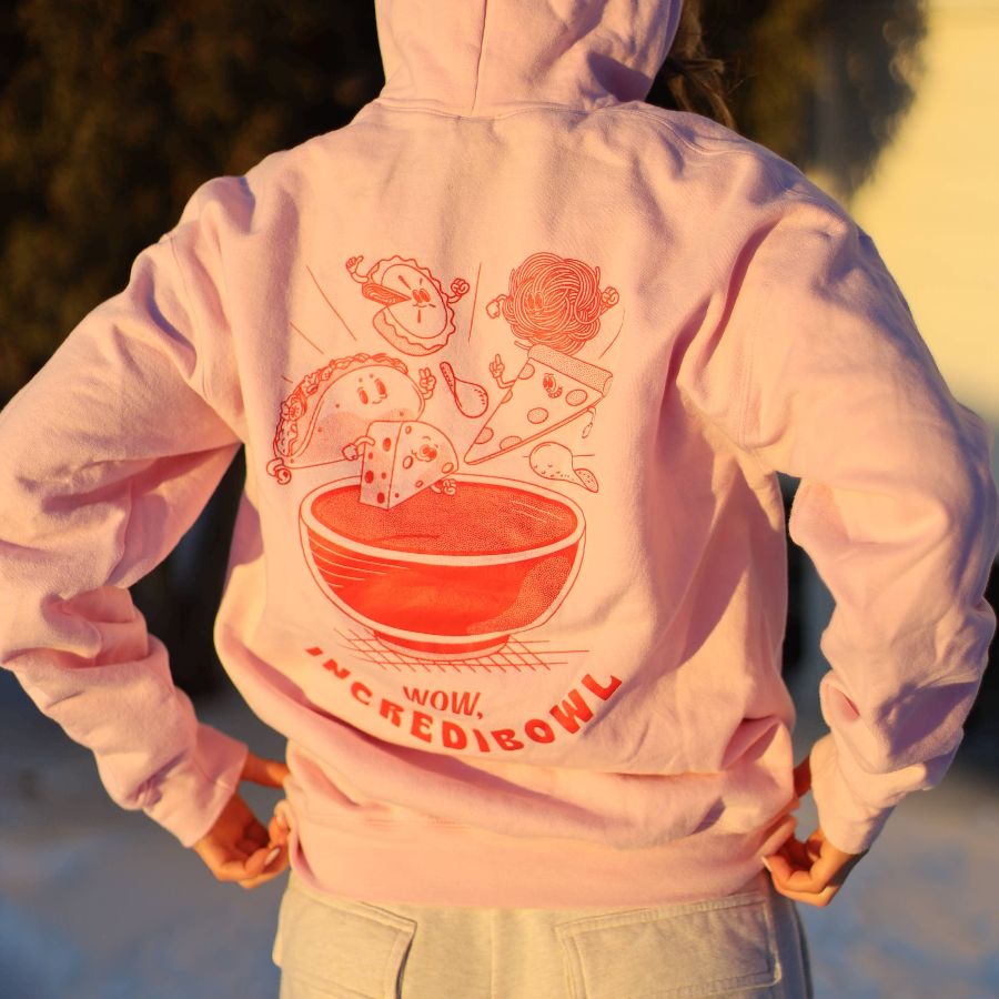 The Red Bowl, a Light Pink Gildan Softstyle Pullover Hoodie