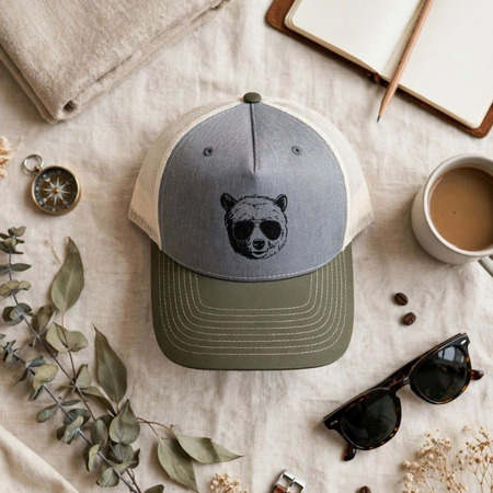 The Mama Bear Collection, a Heather Grey/ Birch/ Army Olive Printed Five-Panel Trucker Cap
