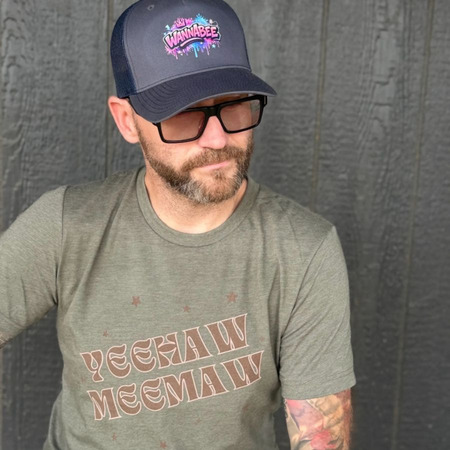 Brown YEEHAW MEEMAW Apparel&nbsp;, a Heather Military Green Premium Unisex Tee