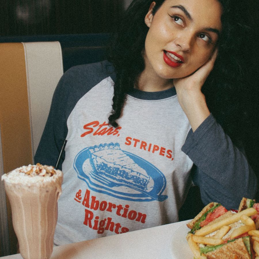 Stars, Stripes, & Abortion Rights, a Indigo and Heather White 3/4 Sleeve Baseball Tee