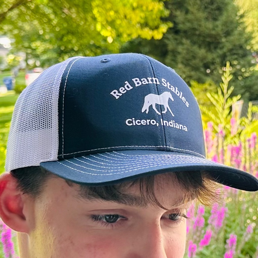 Red Barn Stables Trucker Cap, a Navy/ White Printed Snapback Trucker Cap