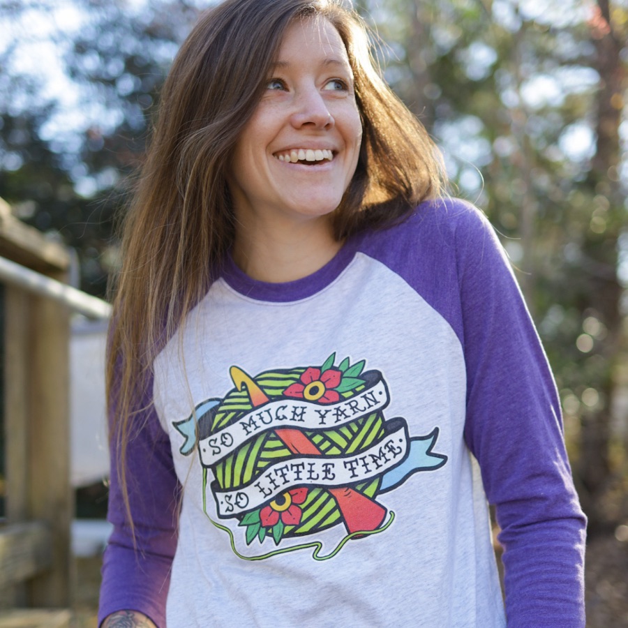 So Much Yarn...., a Purple Rush and Heather White 3/4 Sleeve Baseball Tee