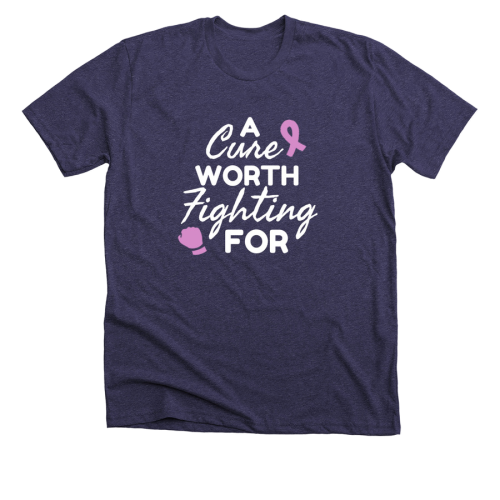 A purple t-shirt with a pink cancer ribbon and white font.