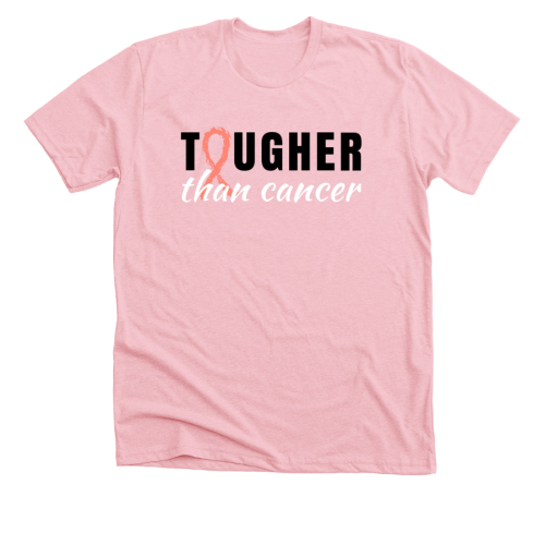 A light pink t-shirt with a pink breast cancer ribbon graphic.