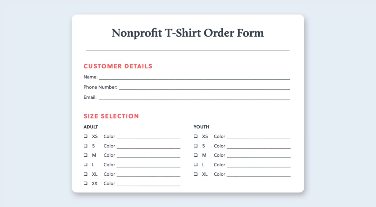 nonprofit t-shirt order form - pdf