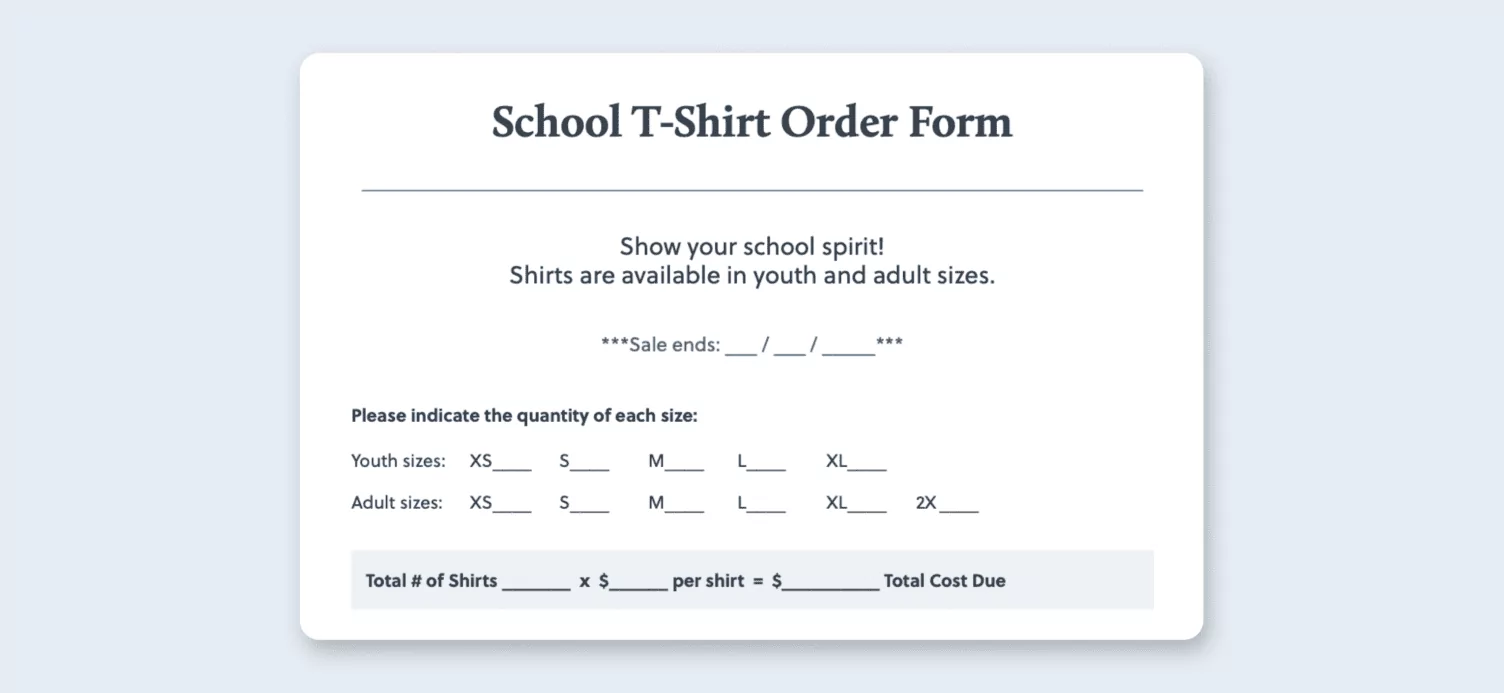 school t-shirt order form - pdf