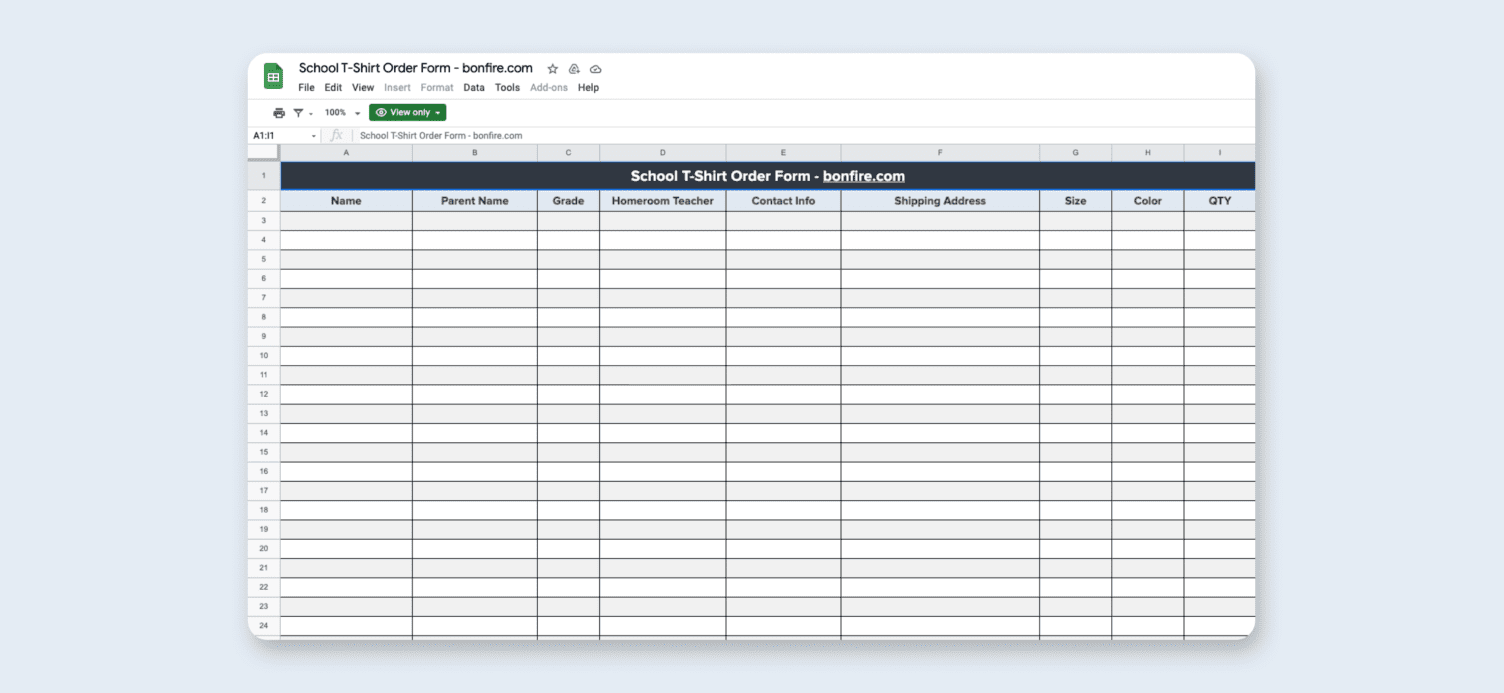school t-shirt order form - google sheets