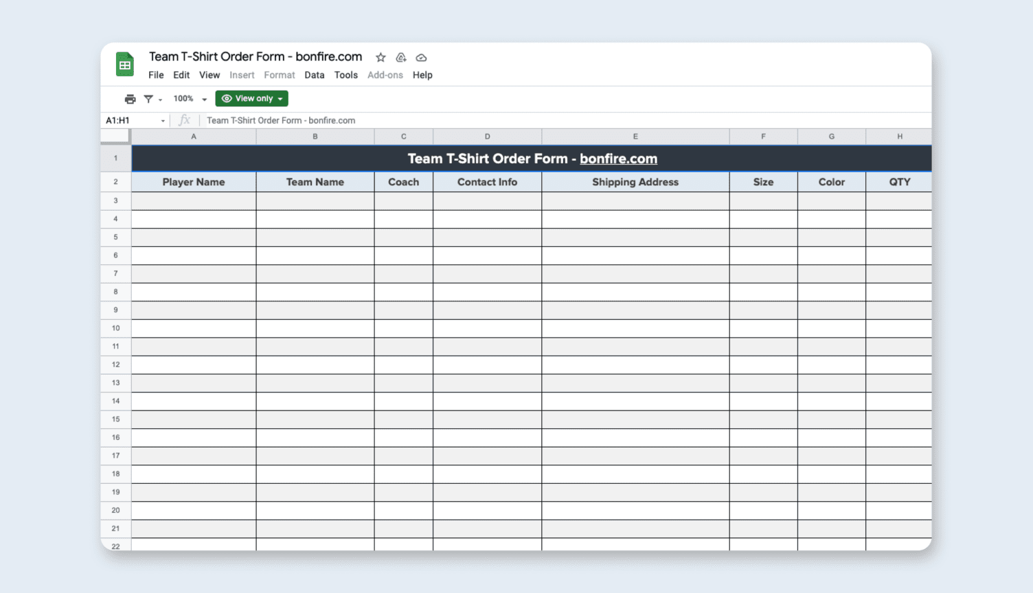 team t-shirt order form - google sheets