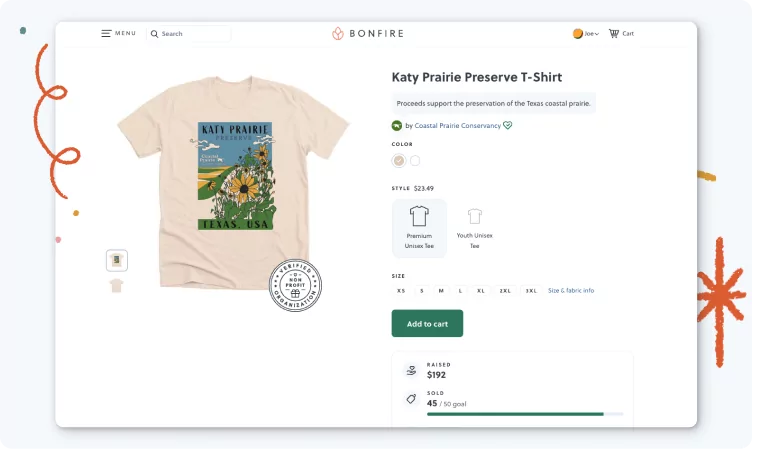 A sample of a t-shirt fundraising page.