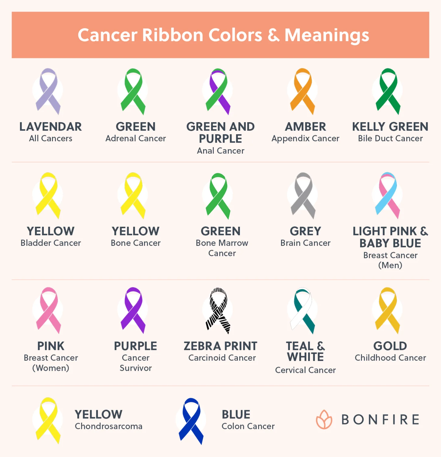 A graphic depicting cancer ribbon colors and their meanings (detailed in the text below).