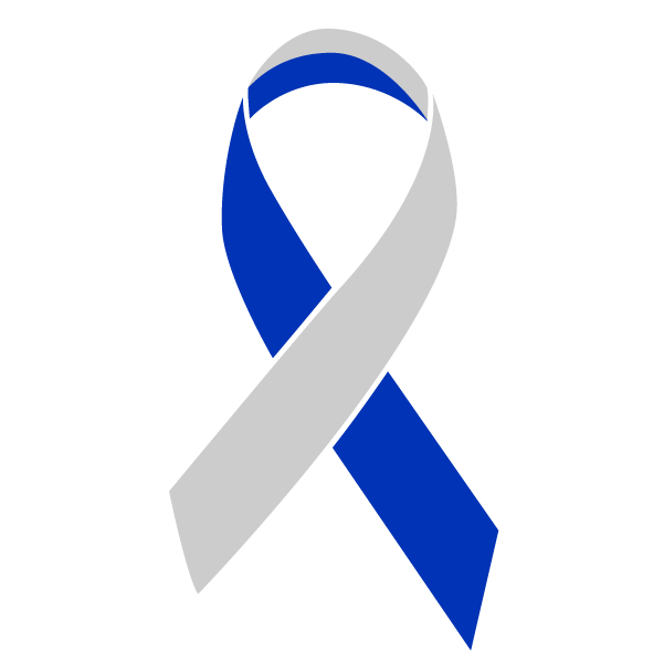 Blue and silver colored Living with Cancer ribbon
