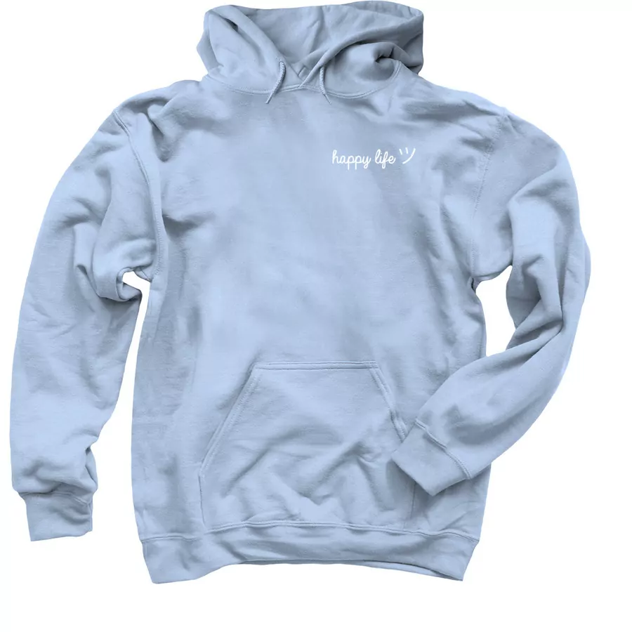 Front view of the It’s happy life hoodie created by Karleigh Klostermann