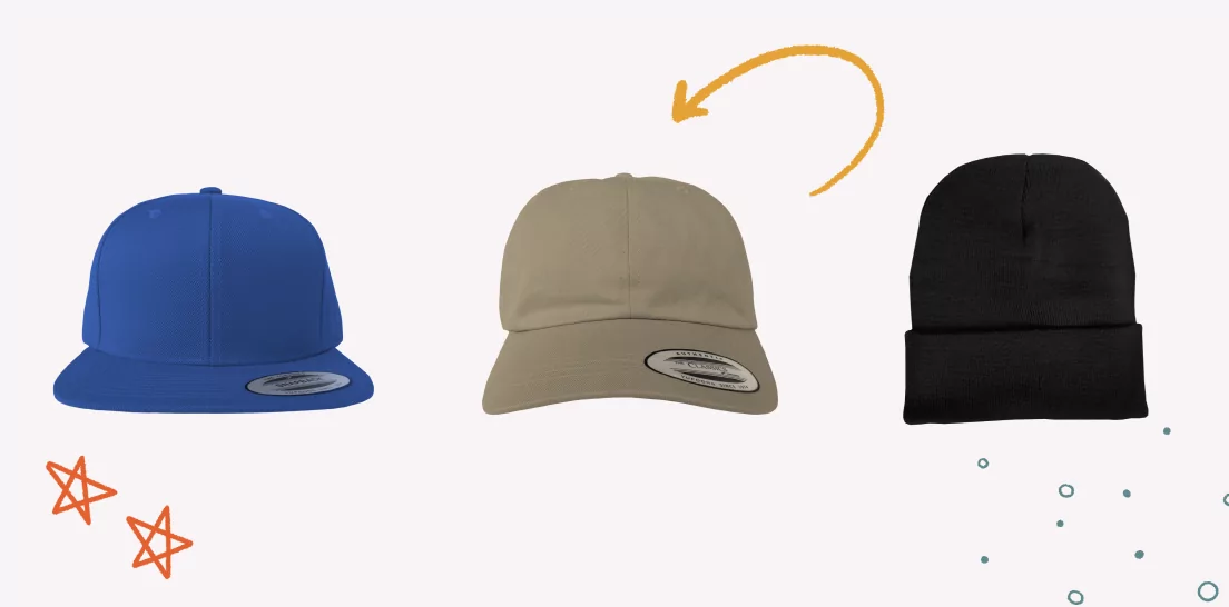The Bonfire product catalog offers three different custom hat styles to choose from: a Snapback Hat, a Classic Baseball Cap, and a Cuffed Beanie.