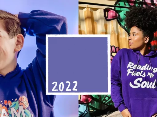 Women wearing Very Peri inspired custom sweatshirts.