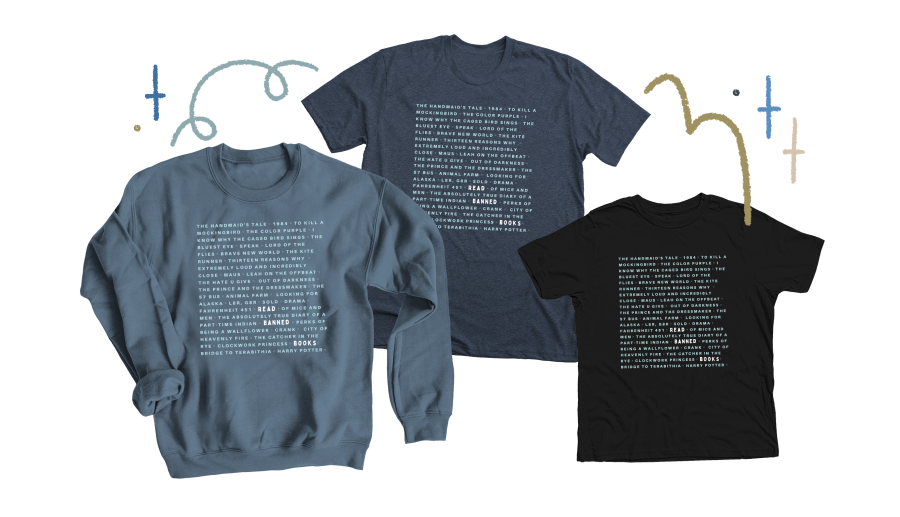The Meridian Library foundation’s Read Banned Books merchandise, featuring long and short-sleeved shirts in neutral colors with the titles of banned books written on them.