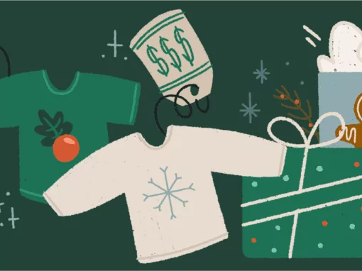 long-sleeve festive holiday shirts with price tags and wrapped gifts for the giving season