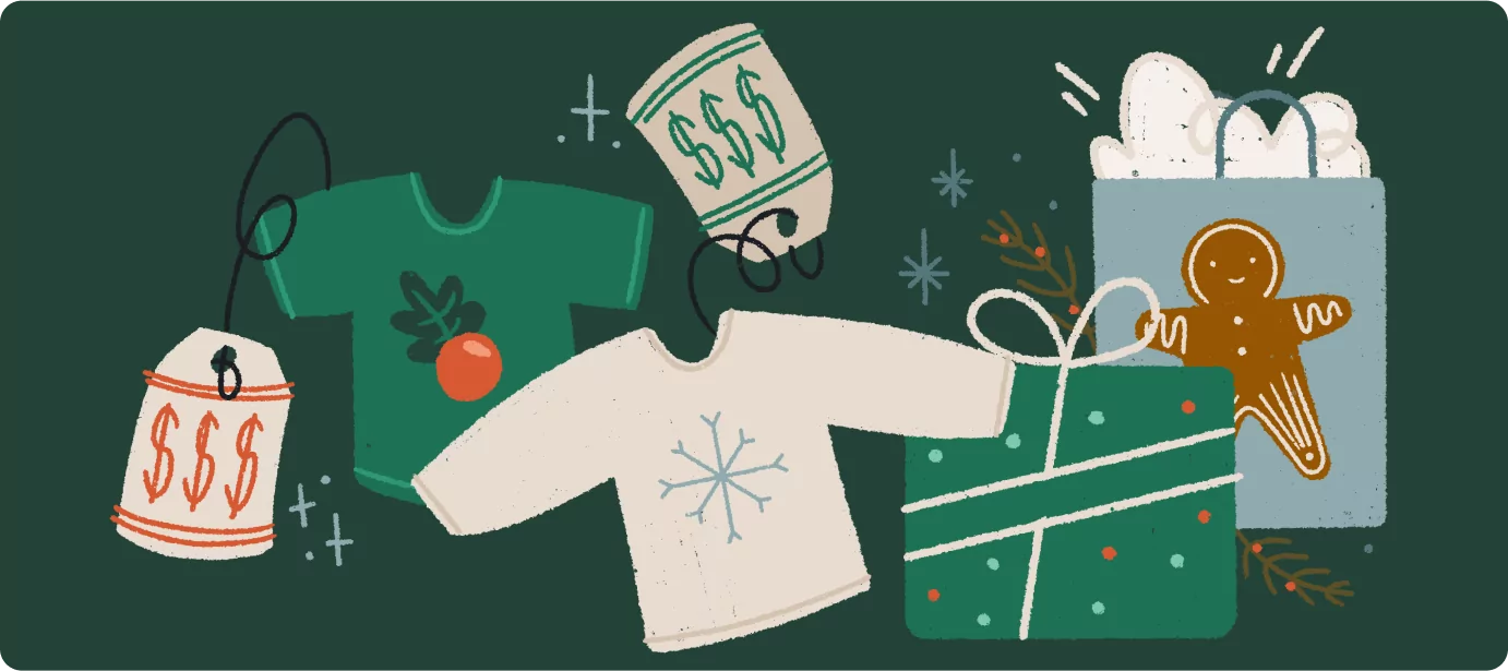 long-sleeve festive holiday shirts with price tags and wrapped gifts for the giving season