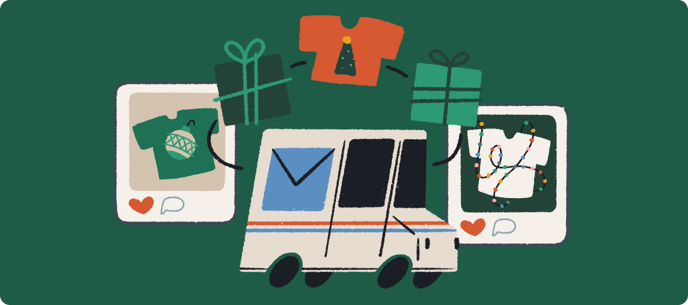 Festive mail truck surrounded by holiday gifts and christmas-themed shirts.