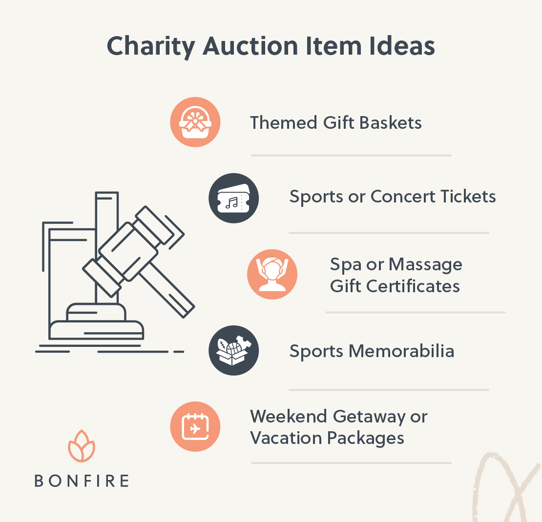 Six engaging charity auction item fundraising ideas (listed below).