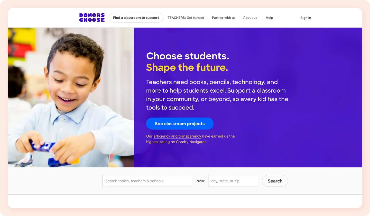 A screenshot of the DonorsChoose homepage.
