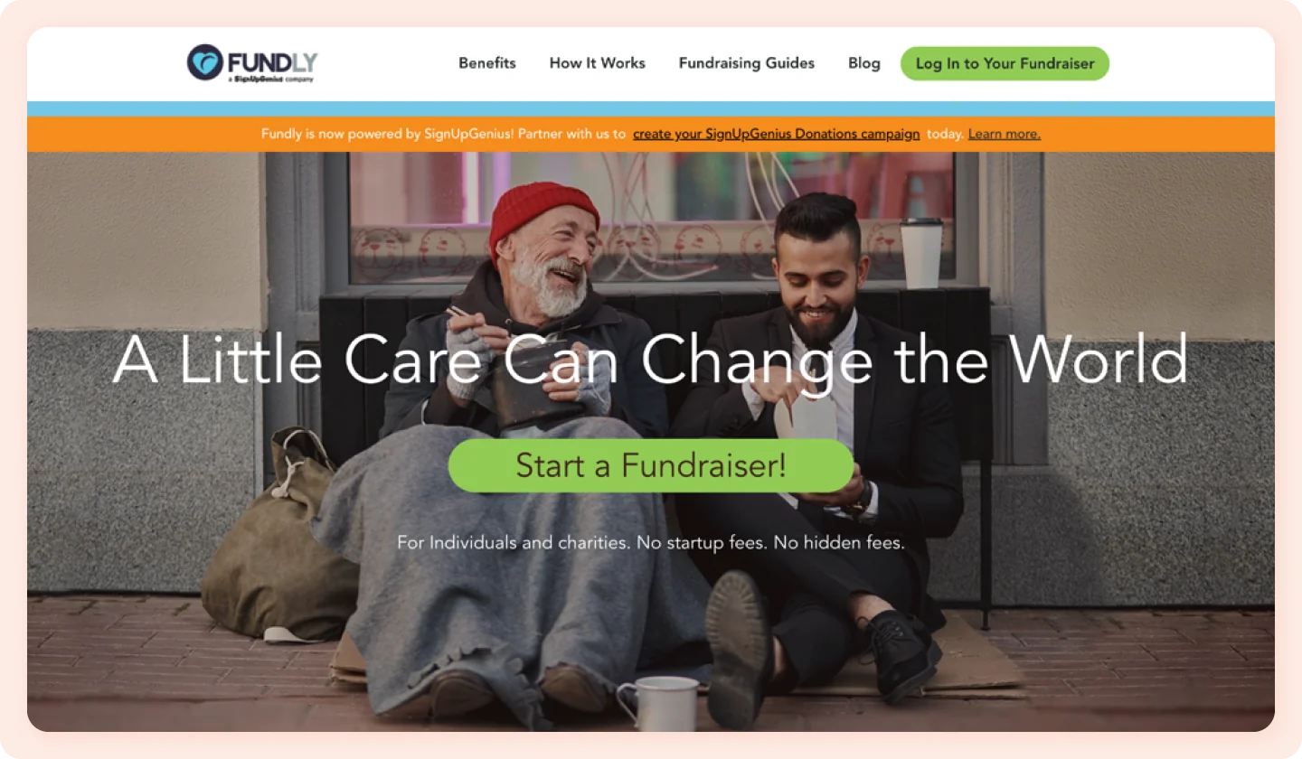 A screenshot of the Fundly homepage.