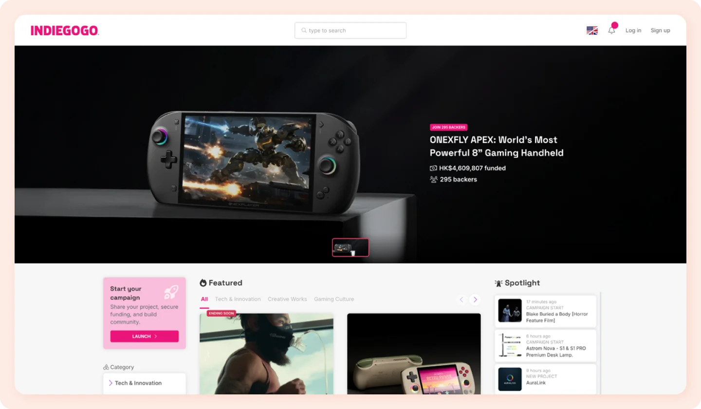 A screenshot of the Indiegogo homepage.