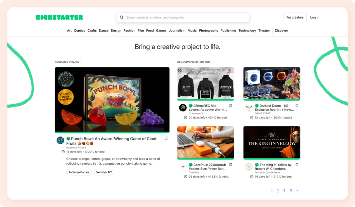 A screenshot of the Kickstarter homepage.