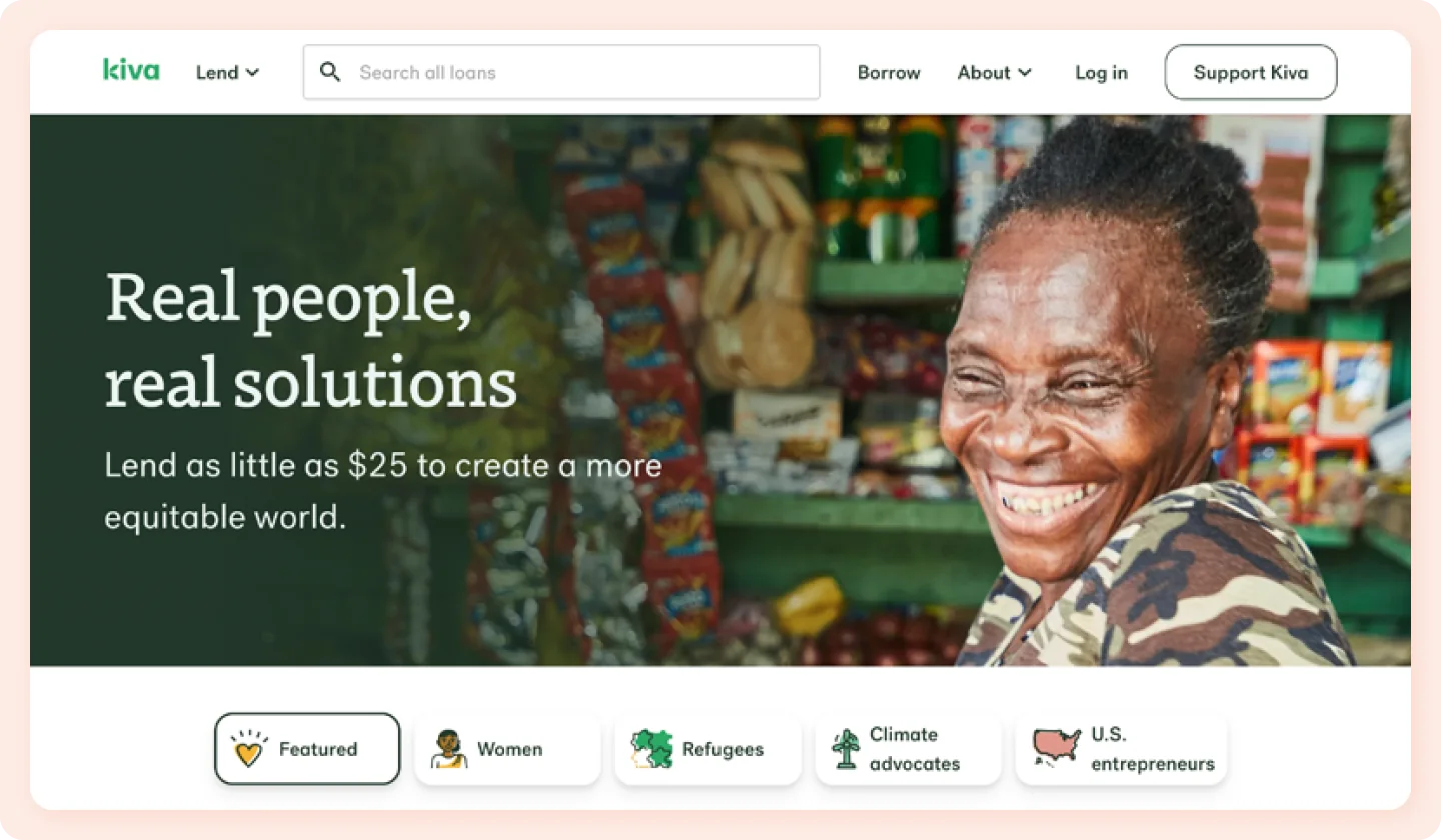 A screenshot of the Kiva homepage.