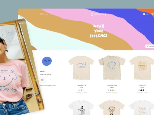 A person posing in a shirt, alongside a Bonfire store