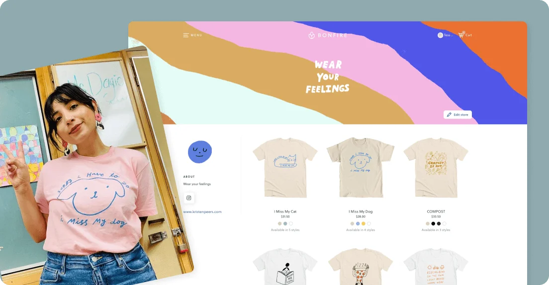 A person posing in a shirt, alongside a Bonfire store