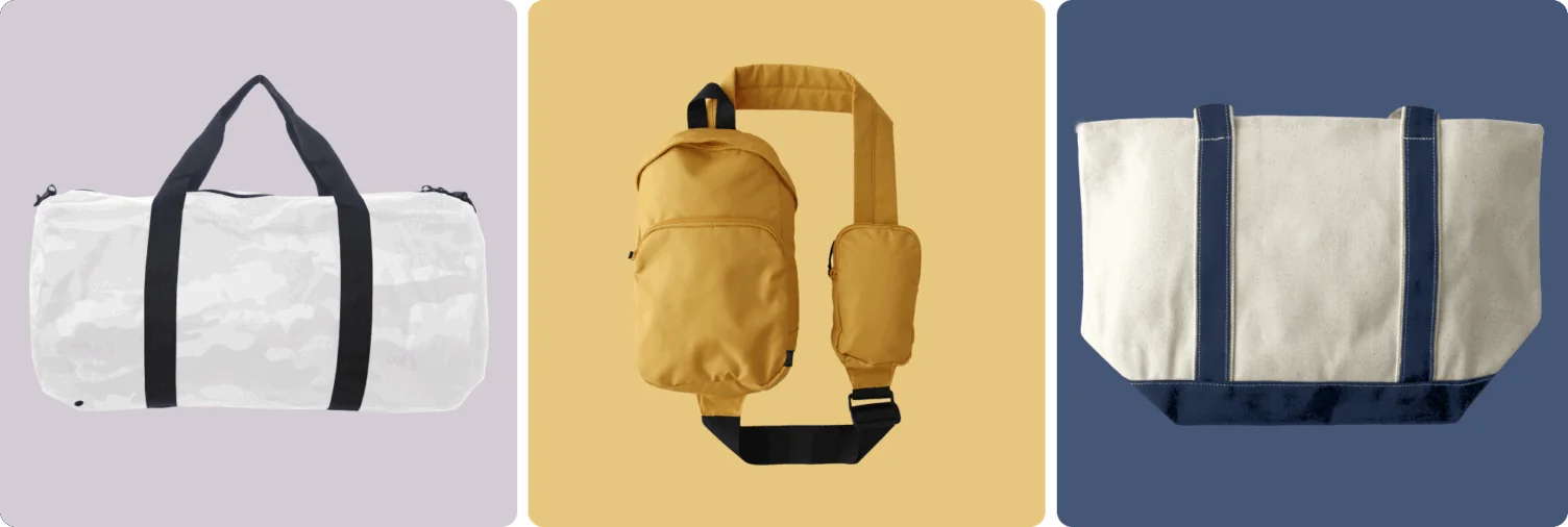 From left to right: A duffle bag, a sling bag, and a tote bag