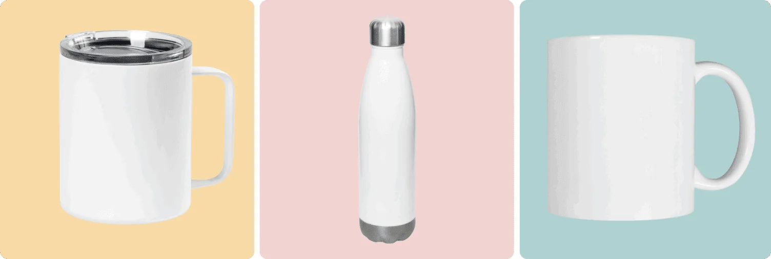 From left to right: A travel mug, stainless steel water bottle, and a coffee mug