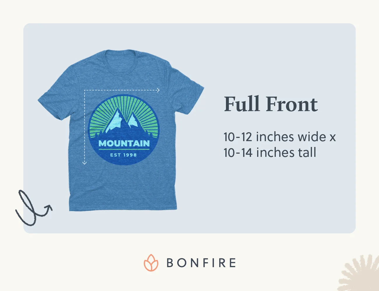 Guidelines for how large t-shirt designs should be for full front placements.