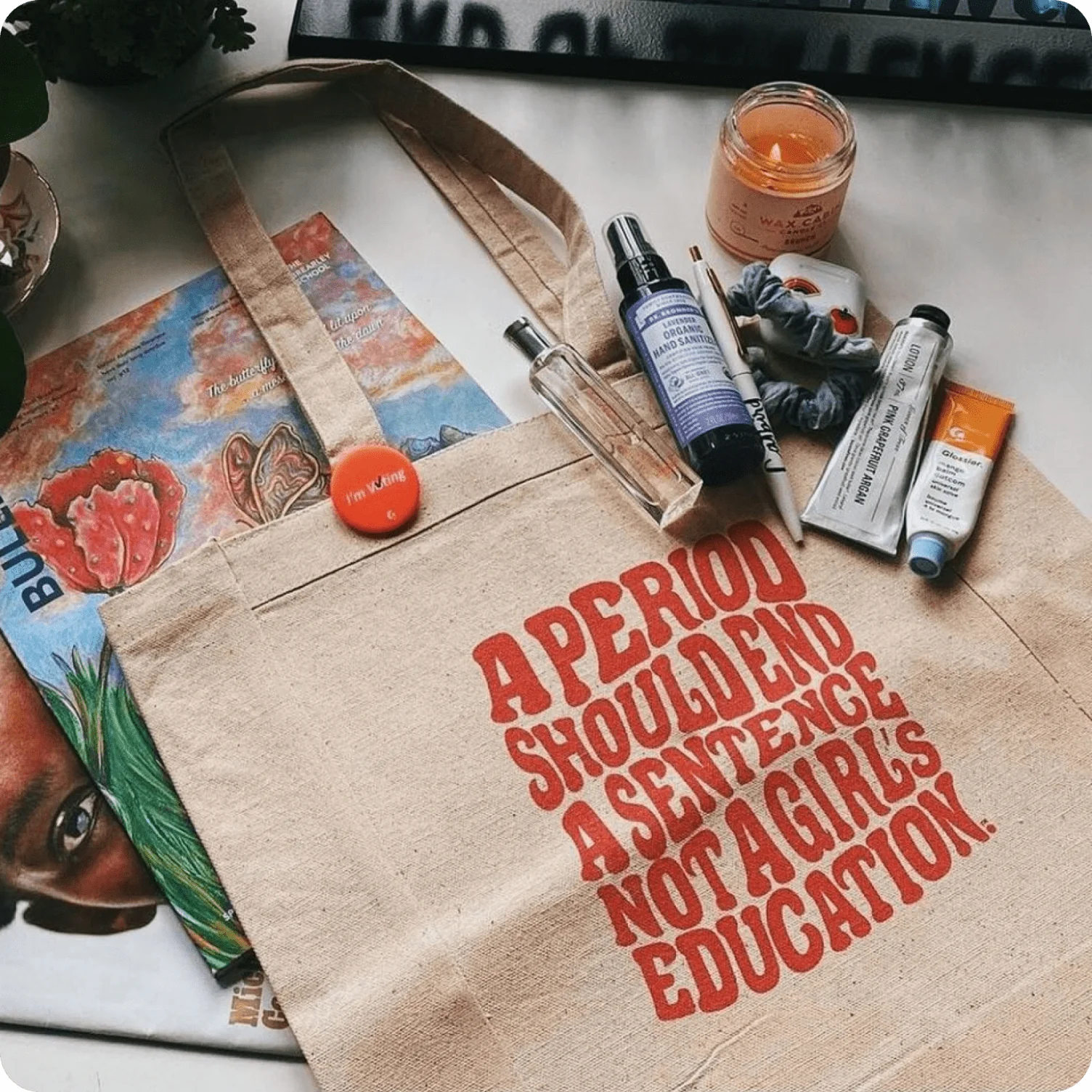 Tote bag featuring bold bubble lettering typography used for expressive statement designs.