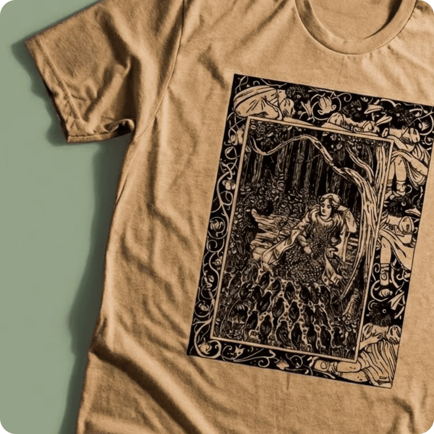 T-shirt featuring intricate gothic-style illustration inspired by vintage woodcut art.