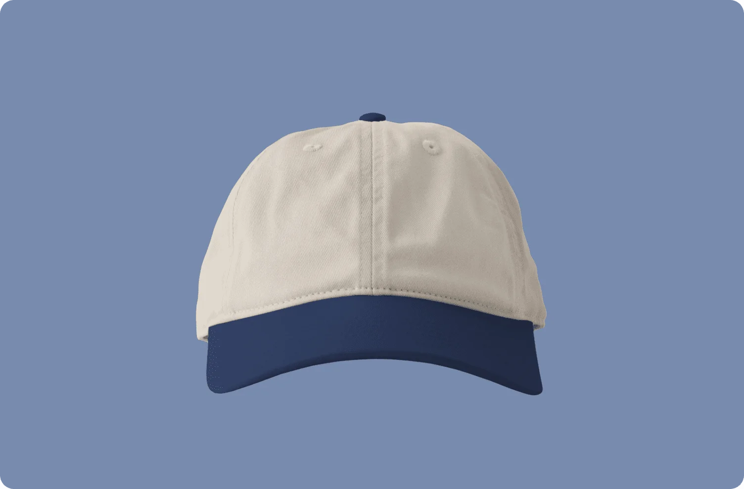 Khaki hat with a blue bill.