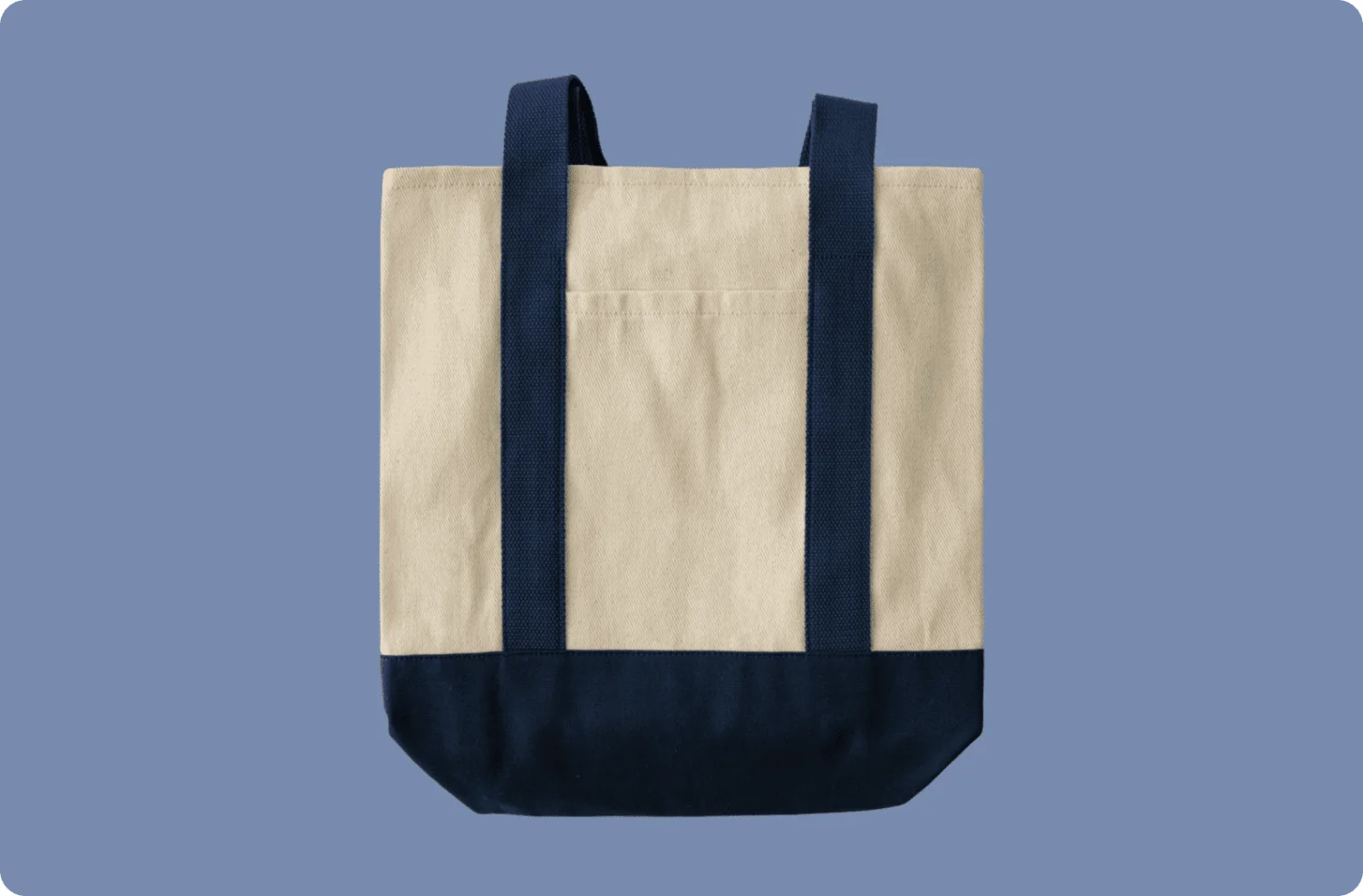 Khaki tote bag with blue handles.