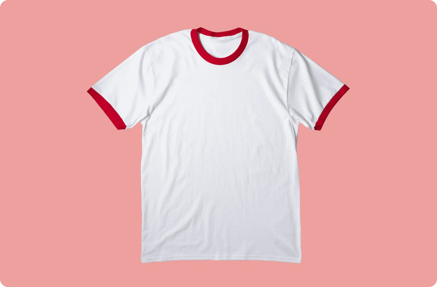 White cotton ringer tee with red cuffs.