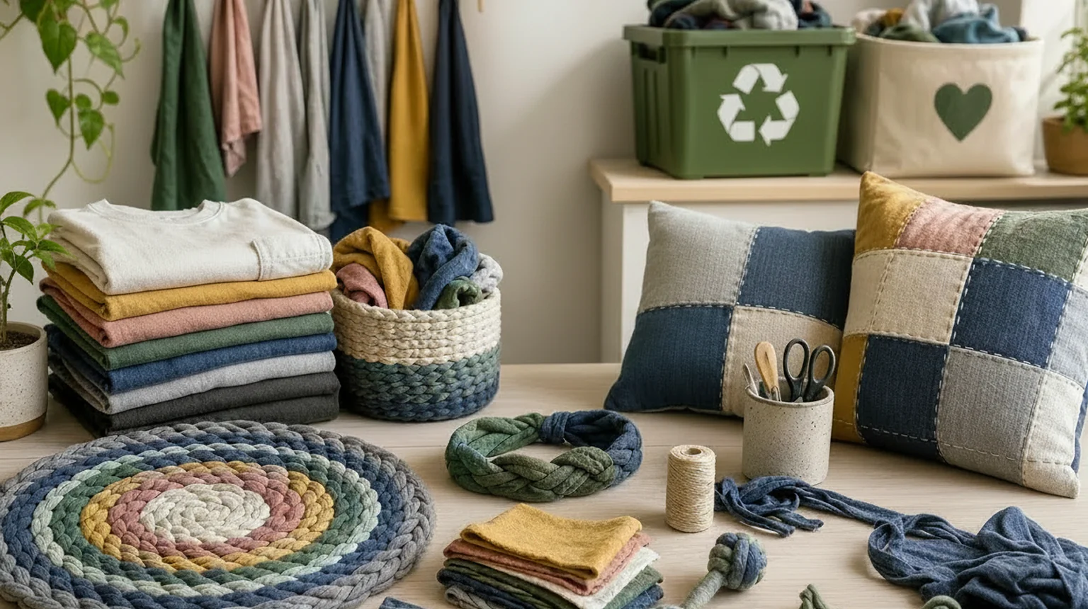 Craft supplies and finished textile pieces in a cozy sewing studio, including folded fabrics, braided rugs, and patchwork pillows