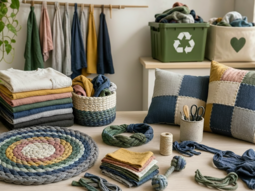 Craft supplies and finished textile pieces in a cozy sewing studio, including folded fabrics, braided rugs, and patchwork pillows