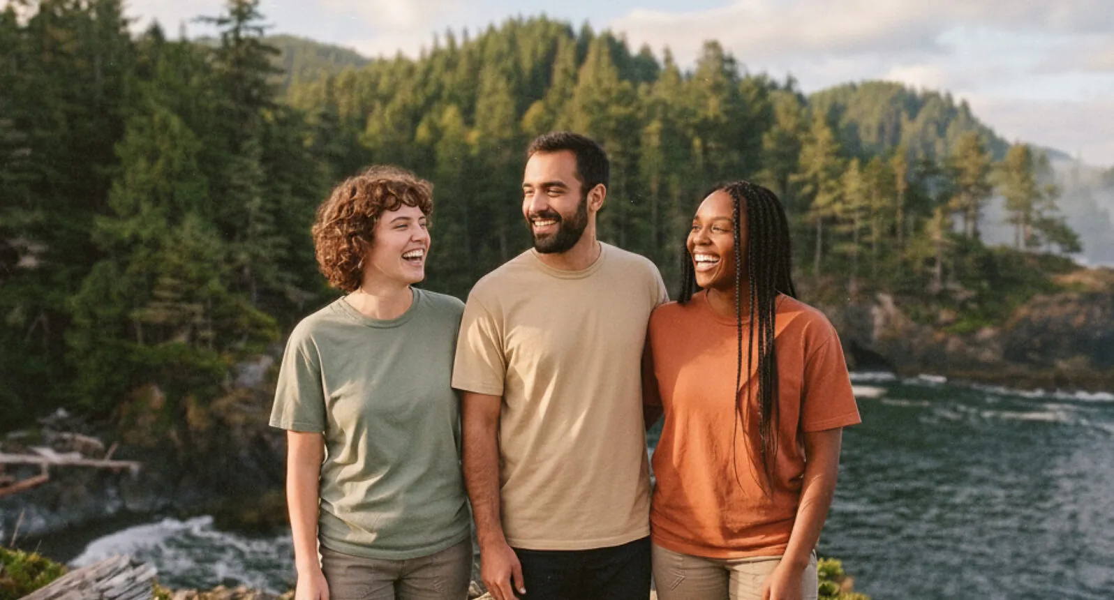 Three friends laughing together on a forested coastal cliff overlooking the water and discussing their favorite sustainable t-shirt brands.