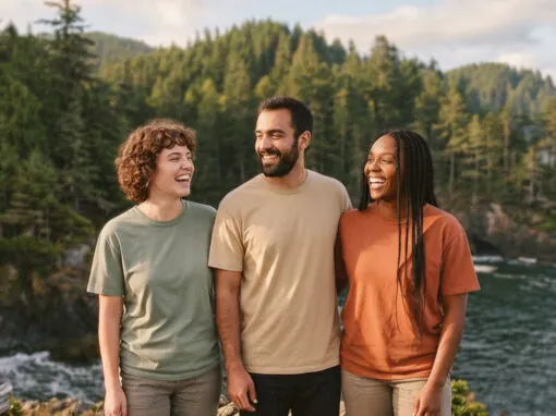 Three friends laughing together on a forested coastal cliff overlooking the water and discussing their favorite sustainable t-shirt brands.