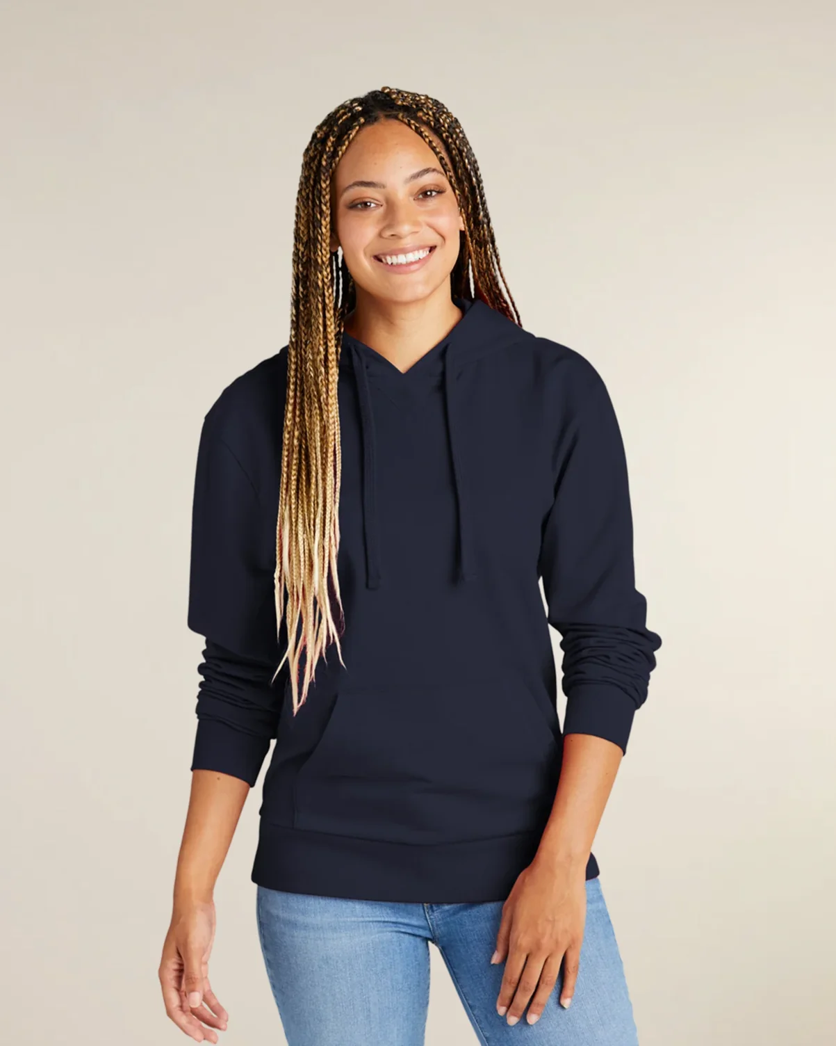 Women wearing a navy eco-friendly Organic French Terry Pullover Hoodie from Allmade