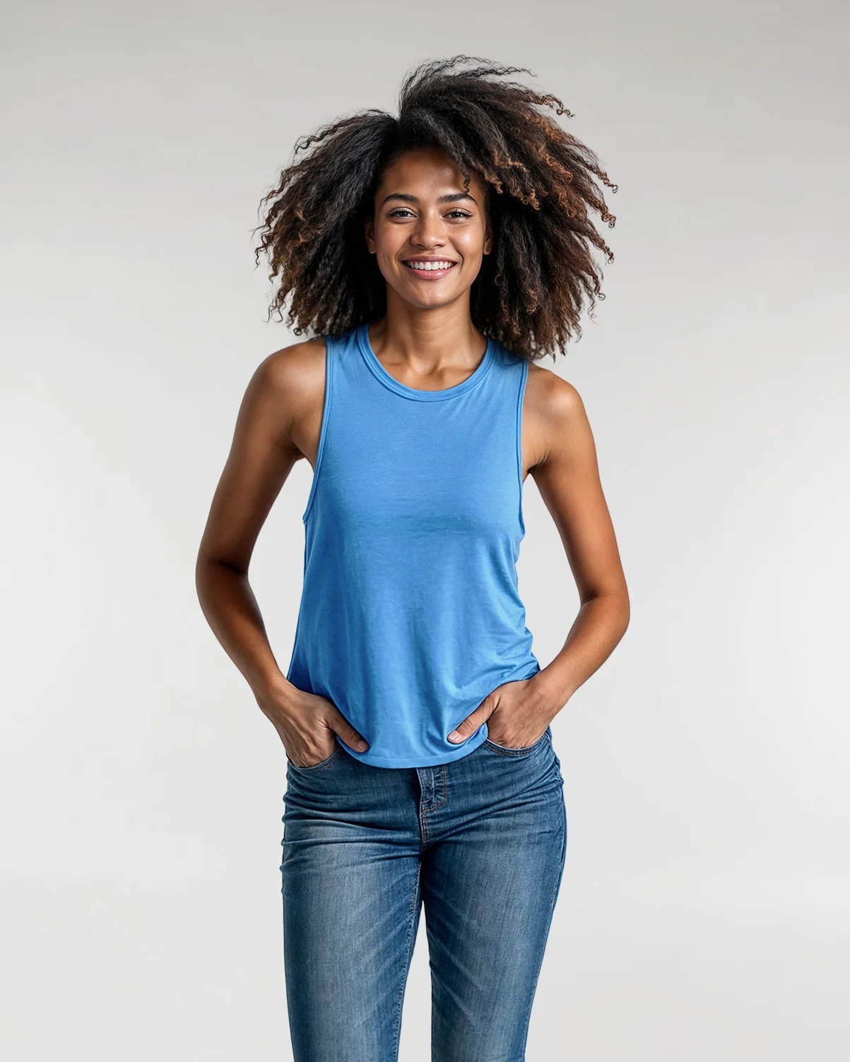 Female model wearing an azure blue Eco Triblend Tank Top from Allmade.