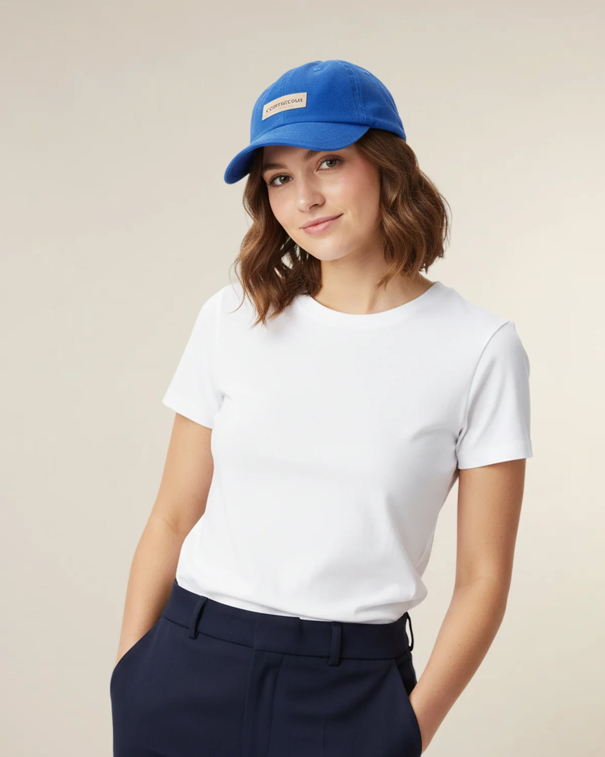 Blue organic cotton baseball cap from Econscious on a model wearing a white T-shirt.