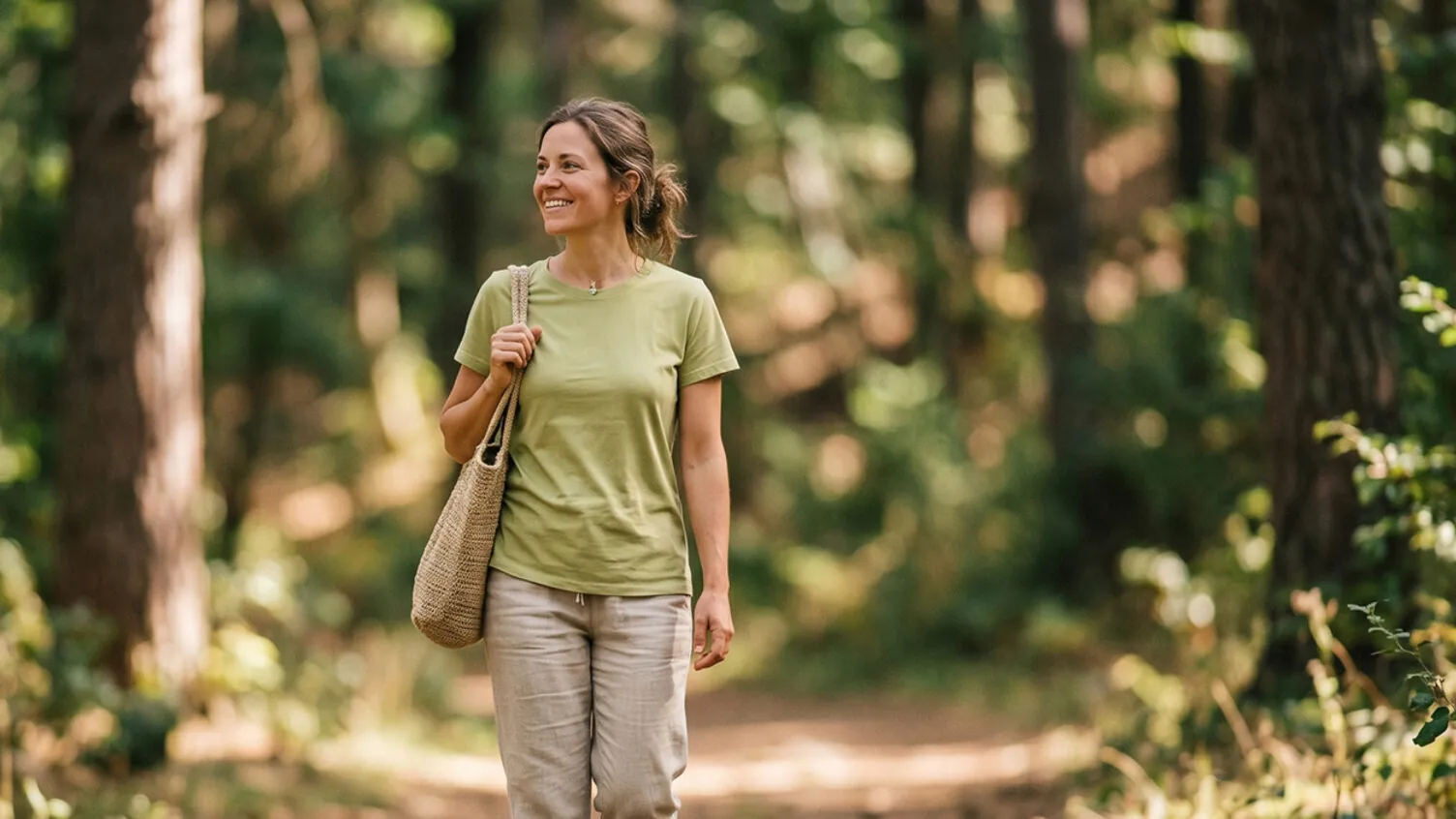 Woman wearing a green Econscious t-shirt and carrying a woven tote bag on a forest path.
