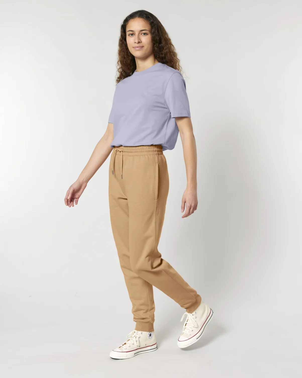 Women wearing beige Stanley/Stella joggers and a light t-shirt